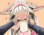  animal_ears bangs blush brown_background brown_eyes ears_through_headwear eyebrows_visible_through_hair fangs furry grey_hat hands_on_another's_cheeks hands_on_another's_face hat heart long_sleeves looking_at_viewer made_in_abyss makuran nanachi_(made_in_abyss) nose_blush one_eye_closed open_mouth out_of_frame paws polka_dot polka_dot_background solo_focus topless translated whiskers white_hair 