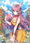  black_choker blue_bow blue_eyes blue_sky bow choker cloud copyright_name day dress flower gate hair_between_eyes hair_bow heart hedge_(plant) holding_hand holding_hands interitio long_hair official_art outdoors petals purple_hair rose sid_story sky watermark yellow_dress 