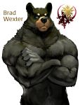  2014 absurd_res anthro bear biceps black_fur black_nose blue_eyes brad_wexter character_name chest_tuft crossed_arms front_view fur half-length_portrait hi_res looking_at_viewer male mammal muscular muscular_male neck_tuft nude pockyrumz portrait pose sanctum_polis simple_background solo standing tuft white_background 