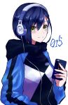  absurdres blue_hair casual cellphone closed_mouth commentary_request darling_in_the_franxx eyebrows_visible_through_hair green_eyes hair_between_eyes hair_ornament hairclip headphones highres holding holding_cellphone holding_phone hood hood_down hoodie ichigo_(darling_in_the_franxx) looking_at_viewer phone short_hair smartphone smile solo yoshi2_oide 