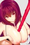  between_breasts bikini bra breast_squeeze breasts deep_skin eyebrows_visible_through_hair fate/grand_order fate_(series) gae_bolg highres huge_breasts long_hair nipples polearm purple_hair red_eyes scathach_(fate)_(all) scathach_(fate/grand_order) sexually_suggestive smile solo spear swimsuit tear_tear0320 underwear weapon white_background 