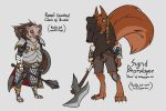  armor axe bear blonde_hair blue_eyes braided_hair cape clothing female feretta fur fur_armor greataxe hair hedgehog mace mammal melee_weapon orange_fur pelt purple_eyes randi_goodleaf rodent shield sigrid_bearslayer simple_background squirrel sword tan_fur viking weapon 