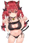  animal_ears bare_shoulders bell bell_collar black_bra black_panties blush bow bra braid breasts cat_cutout cat_ears cat_lingerie cat_tail cleavage collar collarbone cowboy_shot europia fang hair_bow highres kaenbyou_rin large_breasts leaning_forward looking_at_viewer meme_attire multiple_tails navel panties paw_pose red_eyes red_hair smile solo tail touhou twin_braids twintails underwear 
