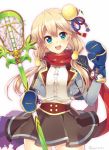  blonde_hair blue_gloves commentary_request copyright_request gloves holding holding_staff jacket looking_at_viewer open_clothes open_jacket open_mouth rento_(rukeai) scarf skirt smile solo staff twitter_username 