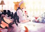  animal_ears apron arm_garter artist_name ass bangs bed_sheet blonde_hair cat_ears cat_tail commentary_request cup dated english facial_mark final_fantasy final_fantasy_xiv food frills fruit garter_straps hair_between_eyes holding lamp lili_mdoki looking_at_viewer lying maid_headdress miqo'te one-piece_swimsuit panties pantyshot pantyshot_(lying) partial_commentary ponytail purple_eyes short_hair short_sleeves slit_pupils smile solo strawberry swimsuit tail teacup teapot thighhighs tray underwear 