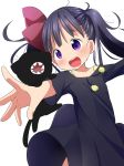  :d bangs black_cat black_dress black_hair blush bow cat coco_(kuro) collarbone commentary_request dress eyebrows_visible_through_hair flying_sweatdrops hair_bow highres kuro_(kuro) kuro_(manga) long_sleeves makuran open_mouth outstretched_arms pom_pom_(clothes) purple_bow purple_eyes sharp_teeth simple_background smile solo teeth twintails upper_teeth white_background 