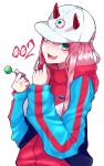  absurdres aqua_eyes bangs baseball_cap candy casual commentary_request darling_in_the_franxx fang food hat highres holding holding_food hood hood_down hoodie horns lollipop long_hair looking_at_viewer open_mouth pink_hair red_horns solo yoshi2_oide zero_two_(darling_in_the_franxx) 