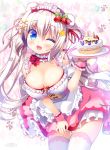  ;d animal_ears apron bangs bare_shoulders bear_ears bear_girl bear_tail blue_eyes blush breasts cake candle cleavage commentary_request detached_sleeves dress eyebrows_visible_through_hair fang food food_themed_hair_ornament frilled_apron frills hair_between_eyes hair_ornament hair_ribbon holding holding_plate large_breasts leaning_forward long_hair looking_at_viewer maid maid_headdress one_eye_closed open_mouth original pink_dress plate puffy_short_sleeves puffy_sleeves red_ribbon ribbon sasai_saji short_sleeves sidelocks silver_hair sleeveless sleeveless_dress smile solo sparkle star star_hair_ornament strawberry_hair_ornament tail thank_you thighhighs twintails very_long_hair waist_apron white_apron white_legwear wrist_cuffs x_hair_ornament 