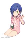  absurdres artist_name blue_hair commentary cropped_legs cup darling_in_the_franxx dated drawstring earbuds earphones eyebrows_visible_through_hair eyes_visible_through_hair gorgeous_mushroom green_eyes hair_over_one_eye highres holding hood hood_down hoodie ichigo_(darling_in_the_franxx) looking_at_viewer md5_mismatch parted_lips paw_print pink_hoodie short_hair signature simple_background single_earphone_removed sitting solo white_background 