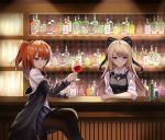  :p absurdres alcohol bangs bar bartender black_legwear blonde_hair blush bottle bow bowtie commentary cup cup6542 drinking_glass formal hair_between_eyes hair_bow highres holding long_hair looking_back multiple_girls original pantyhose pleated_skirt poker_chip ponytail purple_eyes red_hair sidelocks sitting skirt suit tongue tongue_out wine_glass 