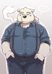 2018 6xiachunqiu7 bear cigarette clothing eyewear glasses kemono male mammal obese overalls overweight polar_bear rave_(housamo) simple_background smoking solo standing tokyo_afterschool_summoners 