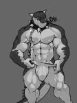  2014 abs ankylosaurus anthro biceps big_bulge bulge chain chained clothing collar cursedmarked dinosaur grey_background jockstrap male monochrome muscular muscular_male nipples pecs seth_(enjay16) simple_background solo spiked_collar spikes standing underwear undressing 