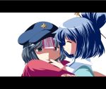  blue_eyes blue_hair finger_in_mouth hair_ornament hair_rings hair_stick hammer_(sunset_beach) hat kaku_seiga letterboxed miyako_yoshika multiple_girls ofuda outstretched_arms short_hair smile star tongue tongue_out touhou upper_body zombie_pose 
