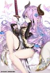  barefoot between_breasts black_gloves blue_eyes blush braid breasts bug butterfly draph elbow_gloves fingerless_gloves gloves granblue_fantasy hair_ornament hair_over_one_eye hand_on_own_cheek hong_(white_spider) horns insect katana large_breasts lavender_hair long_hair looking_at_viewer narmaya_(granblue_fantasy) pointy_ears simple_background single_braid single_fingerless_glove sitting solo sword thigh_strap weapon white_background 