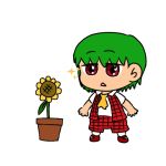  child flower green_hair kazami_yuuka looking_down male_focus open_mouth pants plaid plaid_pants plaid_vest red_eyes short_hair solo sunflower toddler touhou vest white_background 