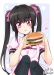  black_hair black_legwear blush bow dress eyebrows_visible_through_hair food hair_ribbon hamburger highres holding kiraki looking_at_viewer puffy_short_sleeves puffy_sleeves red_eyes ribbon senki_zesshou_symphogear short_sleeves sitting solo thighhighs tongue tongue_out tsukuyomi_shirabe twintails 