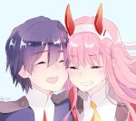  1girl bangs black_hair closed_eyes commentary_request couple darling_in_the_franxx eyebrows_visible_through_hair hair_ornament hairband hetero hiro_(darling_in_the_franxx) horns hoshiyume_yashiro long_hair military military_uniform necktie oni_horns orange_neckwear pink_hair red_horns red_neckwear signature uniform white_hairband zero_two_(darling_in_the_franxx) 