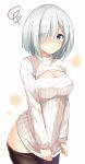  3: alternate_costume black_legwear blue_eyes blush breasts cleavage cleavage_cutout clothes_pull eyes_visible_through_hair hair_ornament hair_over_one_eye hairclip hamakaze_(kantai_collection) highres kantai_collection large_breasts long_sleeves looking_at_viewer meme_attire no_pants open-chest_sweater pantyhose pantyhose_pull ribbed_sweater short_hair simple_background solo sweatdrop sweater sweater_pull tomoo_(tomo) white_hair 