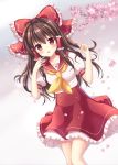  :d adapted_costume bad_id bad_pixiv_id bangs blunt_bangs blush bow brown_hair collarbone eyebrows_visible_through_hair floating_hair frilled_bow frilled_skirt frills hair_between_eyes hair_bow hair_tubes hakurei_reimu highres long_hair looking_at_viewer mayo_(miyusa) open_mouth red_bow red_eyes red_skirt school_uniform shirt short_sleeves skirt smile solo standing touhou uniform white_neckwear white_shirt 