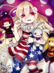  alternate_legwear american_flag_dress american_flag_legwear black_dress black_shirt blonde_hair chain character_doll chinese_clothes clothes_writing clownpiece collar commentary_request dress frilled_shirt_collar frills fua_yuu gold_chain hat hecatia_lapislazuli jester_cap junko_(touhou) leggings long_hair long_sleeves moon_(ornament) multicolored multicolored_clothes neck_ruff off-shoulder_shirt open_mouth orange_hair pantyhose pink_eyes plaid plaid_skirt polka_dot polos_crown print_legwear red_eyes red_hair sash shirt short_dress short_sleeves skirt star star_print striped striped_dress stuffed_animal stuffed_bunny stuffed_toy t-shirt tabard touhou very_long_hair wide_sleeves 