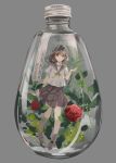  arm_at_side bangs bottle brown_eyes brown_hair commentary_request english eyebrows_visible_through_hair flower full_body glass_bottle grey_background highres in_bottle in_container looking_at_viewer medium_hair minigirl naruse_chisato neck_ribbon original pleated_skirt ribbon school_uniform serafuku shirt short_sleeves simple_background skirt solo yellow_neckwear 