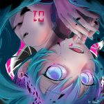  aqua_eyes aqua_hair cracked_skin ears eyebrows_visible_through_hair ghost_rule_(vocaloid) hair_between_eyes hatsune_miku highres kimbulsae looking_at_viewer necktie open_mouth solo upside-down vocaloid 