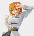  :d ahoge belt black_skirt chaldea_uniform clenched_hand commentary_request fate/grand_order fate_(series) fujimaru_ritsuka_(female) grey_background grey_jacket hand_up jacket long_sleeves looking_at_viewer mi_(pic52pic) one_side_up open_mouth orange_hair short_hair simple_background skirt smile solo standing upper_body w wing_collar yellow_eyes 