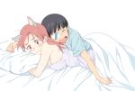  2girls agahari animal_ears black_hair blush breasts brown_hair commentary_request eyebrows_visible_through_hair eyepatch large_breasts long_hair lying minna-dietlinde_wilcke multiple_girls on_stomach open_mouth print_eyepatch red_eyes round_teeth sakamoto_mio sideboob sleeping sleeping_on_person strike_witches surprised sweatdrop teeth white_eyepatch world_witches_series yuri 