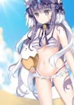  bangs bare_shoulders bell bikini blue_sky blurry blurry_background blush bow breasts carrying_under_arm closed_mouth cloud commentary_request day depth_of_field double_bun eyebrows_visible_through_hair facial_mark fingernails hair_bow hair_ornament haku_(p&amp;d) highres jingle_bell long_hair looking_at_viewer lunacats medium_breasts multicolored_hair outdoors polka_dot polka_dot_bow purple_bow purple_eyes purple_hair puzzle_&amp;_dragons side_bun silver_hair sky solo striped striped_bikini swimsuit tamadra tattoo two-tone_hair very_long_hair 