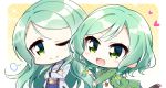  2girls :d ;) =3 amahane_(n_amaha) aqua_hair bang_dream! belt blush bow chibi commentary_request crossed_arms green_eyes green_jacket hair_bow heart hikawa_hina hikawa_sayo imminent_hug jacket jewelry labcoat long_hair long_sleeves medium_hair multiple_girls one_eye_closed open_mouth pendant pink_bow polka_dot polka_dot_background siblings side_braids sisters smile sparkle twins 