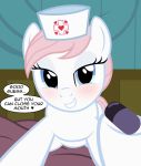  &lt;3 2018 badumsquish bed bedroom_eyes blue_eyes blush dialogue english_text equine female first_person_view friendship_is_magic grin half-closed_eyes hat horse hospital looking_at_viewer mammal my_little_pony nurse nurse_hat nurse_redheart_(mlp) pills pony seductive smile smirk suppository text 