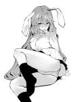  animal_ears asuzemu blush bunny_ears bunny_tail collared_shirt commentary_request eyebrows_visible_through_hair greyscale highres long_hair looking_at_viewer monochrome necktie open_mouth panties reisen_udongein_inaba shirt skirt smile socks sweat tail touhou underwear very_long_hair 