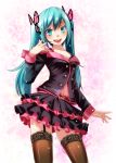  :d absurdres bad_id bad_pixiv_id bangs black_bra blue_eyes blue_hair bra breasts brown_legwear butterfly_hair_ornament cleavage collarbone contrapposto cowboy_shot garter_straps hair_ornament hatsune_miku highres honey_whip_(module) layered_skirt long_hair medium_breasts midriff miniskirt nail_polish navel open_mouth pink_nails pleated_skirt project_diva_(series) skirt smile solo standing stomach sweet_devil_(vocaloid) thighhighs tsukishiro_saika twintails underwear very_long_hair vocaloid 