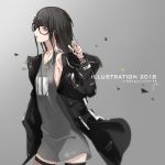  black_hair black_nails commentary_request glasses grey_background highres jacket jewelry long_hair looking_at_viewer nail_polish necklace neco off_shoulder original ring solo yellow_eyes 