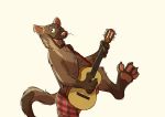 2018 clothed clothing digital_media_(artwork) guitar musical_instrument one_eye_closed open_mouth paintfox piercing shorts simple_background standing_on_one_leg tongue topless wink 