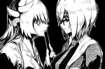  commentary_request dragon_horns empty_eyes face-to-face fan fate/grand_order fate_(series) folding_fan glasses greyscale hair_ornament hood hoodie horns idoke_kaeru japanese_clothes kimono kiyohime_(fate/grand_order) mash_kyrielight monochrome multiple_girls multiple_horns necktie parted_lips slit_pupils smile upper_body yandere 