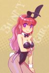  animal_ears black_leotard black_neckwear bow bowtie breasts brown_background bunny_ears bunny_girl bunny_tail bunnysuit cleavage cowboy_shot detached_collar fishnet_pantyhose fishnets fukusuke_hachi-gou highres leotard long_hair looking_at_viewer original pantyhose purple_eyes red_hair smile solo strapless strapless_leotard tail wrist_cuffs 