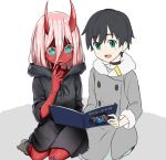  1girl bandages bangs black_cloak black_hair blue_eyes blush book boots cloak coat commentary couple darling_in_the_franxx eyebrows_visible_through_hair finger_to_mouth fur_boots fur_trim green_eyes grey_coat hiro_(darling_in_the_franxx) hiroki_(hirokiart) holding holding_book hood hooded_cloak horns long_coat long_hair oni_horns open_book parka pink_hair red_horns red_pupils red_sclera red_skin seiza sitting spoilers winter_clothes winter_coat younger zero_two_(darling_in_the_franxx) 