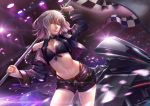  absurdres bangs belt black_bikini_top black_jacket black_panties black_shorts breasts checkered checkered_flag choker cleavage fate/grand_order fate_(series) flag floating_hair ground_vehicle hair_between_eyes highleg highleg_panties highres holding holding_flag jacket jeanne_d'arc_(alter)_(fate) jeanne_d'arc_(fate)_(all) jewelry looking_at_viewer medium_breasts midriff motor_vehicle motorcycle navel necklace open_clothes open_jacket panties parted_lips race_queen sekaizero short_hair short_shorts shorts silver_hair solo stomach underwear yellow_eyes 