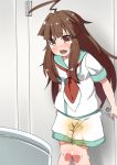  1girl ahoge blush brown_eyes brown_hair door eyebrows_visible_through_hair fang female green_sailor_collar grey_background have_to_pee indoors kantai_collection kuma_(kantai_collection) long_hair matching_hair/eyes minamimachi_naname neckerchief nose_blush open_mouth peeing peeing_self red_neckwear sailor_collar shiny_hair shirt short_sleeves shorts solo standing tears teeth toilet wet_clothes white_shirt white_shorts 