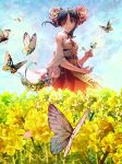  black_hair blue_sky brown_eyes butterfly_on_hand day detached_sleeves eyebrows_visible_through_hair floating_hair flower hair_flower hair_ornament hair_over_one_eye highres long_hair long_skirt outdoors pink_flower red_skirt shadowverse skirt sky solo yasu8hasu yellow_flower 