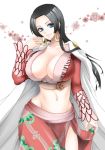  1girl black_hair boa_hancock breasts brown_eyes chikaburo cleavage huge_breasts long_hair no_bra one_piece smile 