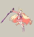  blonde_hair cosplay crop_top fingerless_gloves full_body gloves gyosone harime_nui kill_la_kill long_hair matoi_ryuuko matoi_ryuuko_(cosplay) no_eyepatch palette_swap pink_serafuku purple_gloves school_uniform scissor_blade senketsu serafuku shoes simple_background sneakers suspenders tan_background 