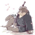  2018 bed canine clothing dog garouzuki japanese_clothing kemono male mammal melee_weapon moritaka obese overweight petals samurai_sword simple_background sitting solo sword tokyo_afterschool_summoners weapon white_background yukata 