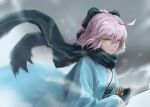  ahoge black_bow black_scarf bow fangs fate/grand_order fate_(series) grey_background hair_between_eyes hair_bow haori holding holding_sword holding_weapon japanese_clothes katana kimono nejikyuu okita_souji_(fate) okita_souji_(fate)_(all) parted_lips pink_hair ready_to_draw scarf sheath sheathed short_hair solo sword upper_body weapon white_kimono yellow_eyes 