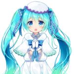  bangs blue_bow blue_eyes blue_hair blue_neckwear blush bow bowtie capelet dress eyebrows_visible_through_hair floating_hair gloves hair_between_eyes hands_clasped hat hatsune_miku long_hair open_mouth ousawa_kanata own_hands_together simple_background solo striped striped_bow striped_neckwear twintails upper_body very_long_hair vocaloid white_background white_capelet white_dress white_gloves white_hat winter_clothes 