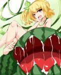 1girl blonde_hair food fruit hair_ornament leaf mon-musu_quest! mon-musu_quest:_paradox monster_girl nude plant red_eyes vines watermelon watermelon_girl 