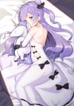  azur_lane back bangs bare_shoulders bed_sheet black_bow black_ribbon blush bow closed_mouth commentary_request detached_sleeves dress hair_bun hair_ribbon halterneck highres kinsenka_momi long_hair long_sleeves looking_at_viewer lying object_hug on_side one_side_up pantyhose purple_eyes purple_hair ribbon side_bun signature sleeveless sleeveless_dress solo stuffed_alicorn stuffed_animal stuffed_toy unicorn_(azur_lane) very_long_hair white_dress white_legwear 