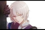  aoi_(xxxaoi) artist_name dated fire_emblem fire_emblem_echoes:_mou_hitori_no_eiyuuou gloves kliff_(fire_emblem) male_focus open_mouth red_eyes simple_background solo white_background white_hair 