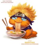  2018 amphibian blonde_hair chopsticks clothed clothing cryptid-creations eating egg eyes_closed food frog hair headband humor male markings naruto naruto_uzumaki noodles pun short_hair simple_background solo white_background 